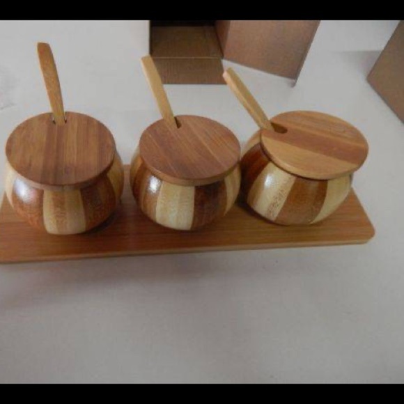 Condiment Bamboo Wood Set of 3 with spoons! - Picture 5 of 6